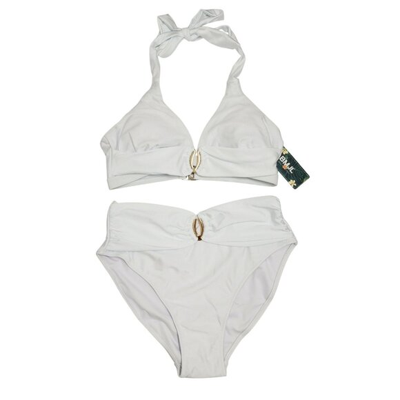 Two-Piece White High-Waisted Bikini Set Halter Tie Top  Back  Womens Size M - Picture 1 of 8